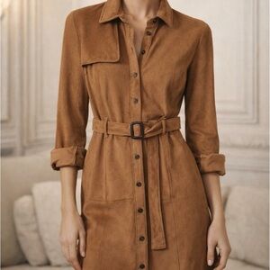 Tuckernuck Talia Suede Shirt Dress /
Jacket - Size Medium Tan Belted